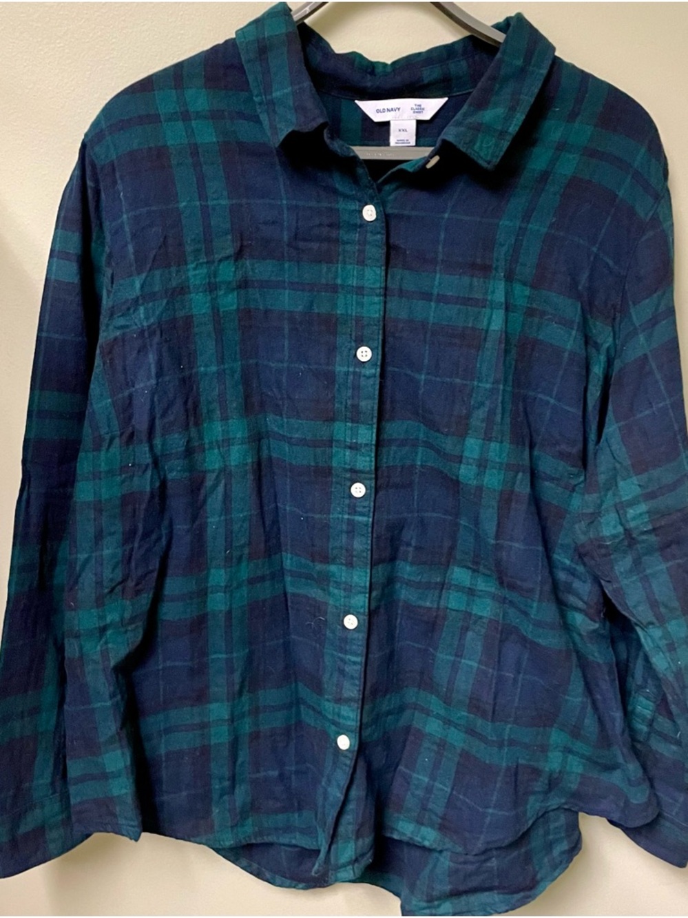 NWOT Women’s XXL Old Navy "The Classic Shirt" blue and green plaid; 100% cotton - Picture 2 of 4